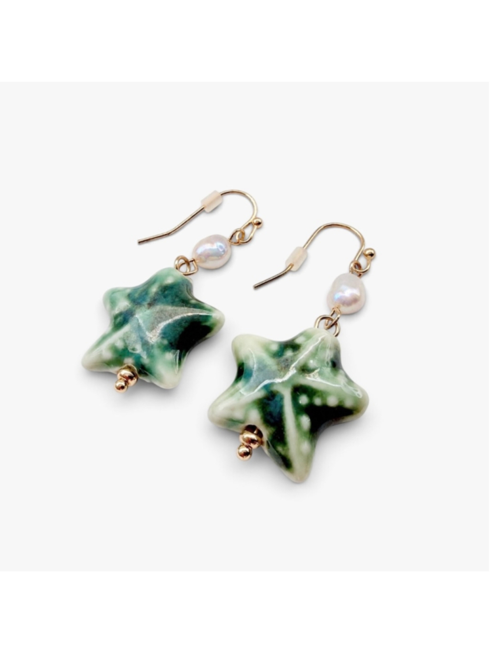 Handmade Ceramic Starfish Earrings, Freshwater Pearl Dangle Earrings, Beach